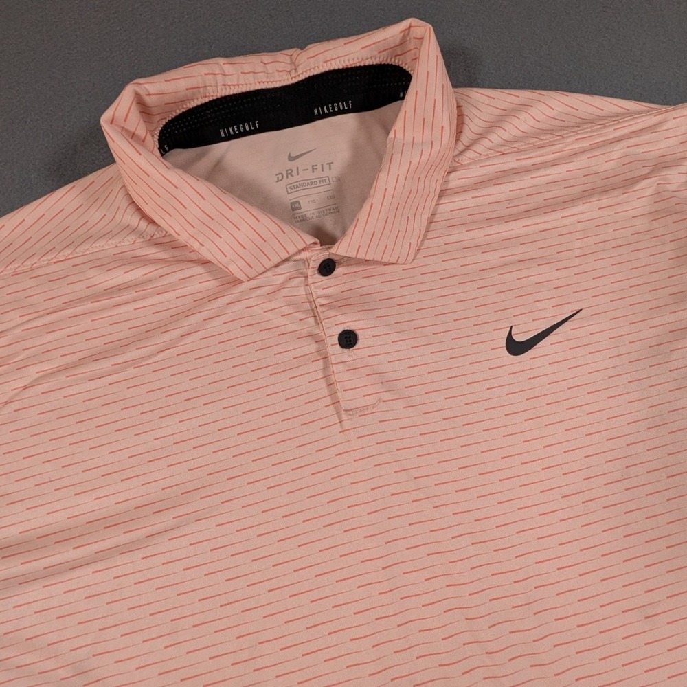 Nike Golf Polo Shirt Mens XXL Peach Pink Dri-Fit Striped Short Sleeve
